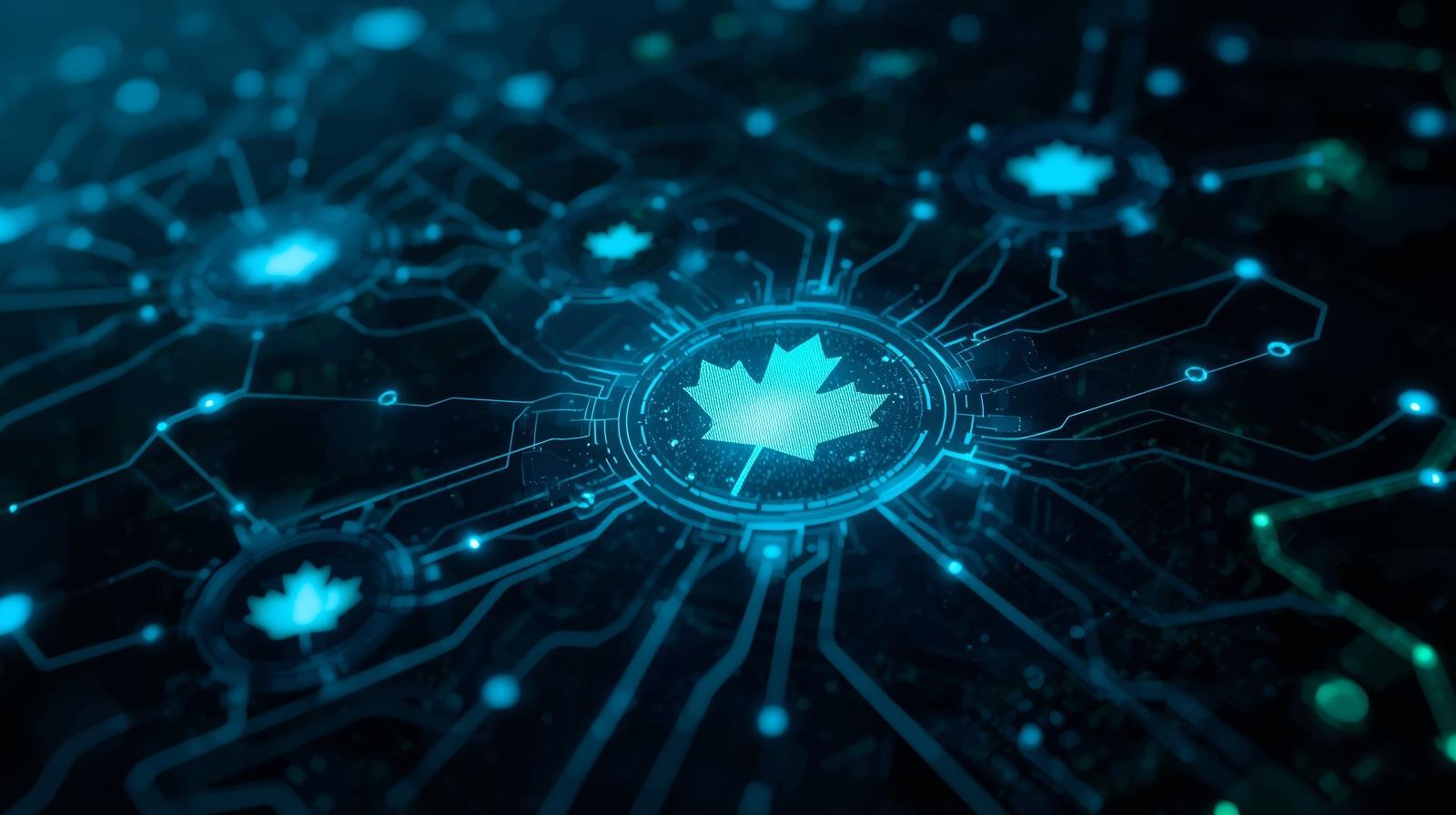A futuristic, abstract representation of AI cyberattacks targeting Canadian businesses in 2026, depicted with glowing digital circuits, data streams, and subtle Canadian maple leaf motifs integrated into the network, rendered in a dark, high-tech aesthetic with cool blue and green illumination.