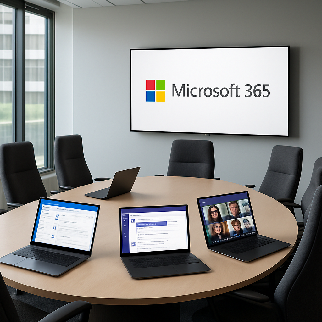 A modern office setting with a sleek conference room featuring a large round table surrounded by highbacked chairs On the table there are laptops open displaying Microsoft 365 applications like Outlook and Teams A large flatscreen monitor on the wall.png