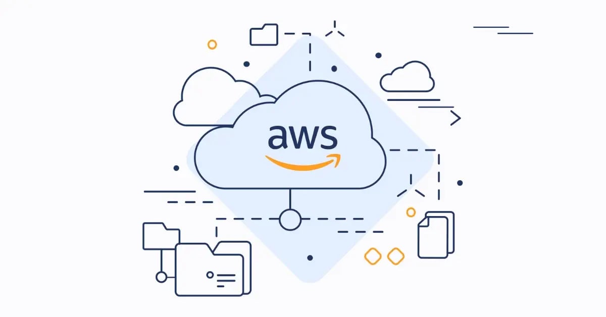 Diagram of AWS cloud computing with icons representing cloud storage, file sharing, and data integration.