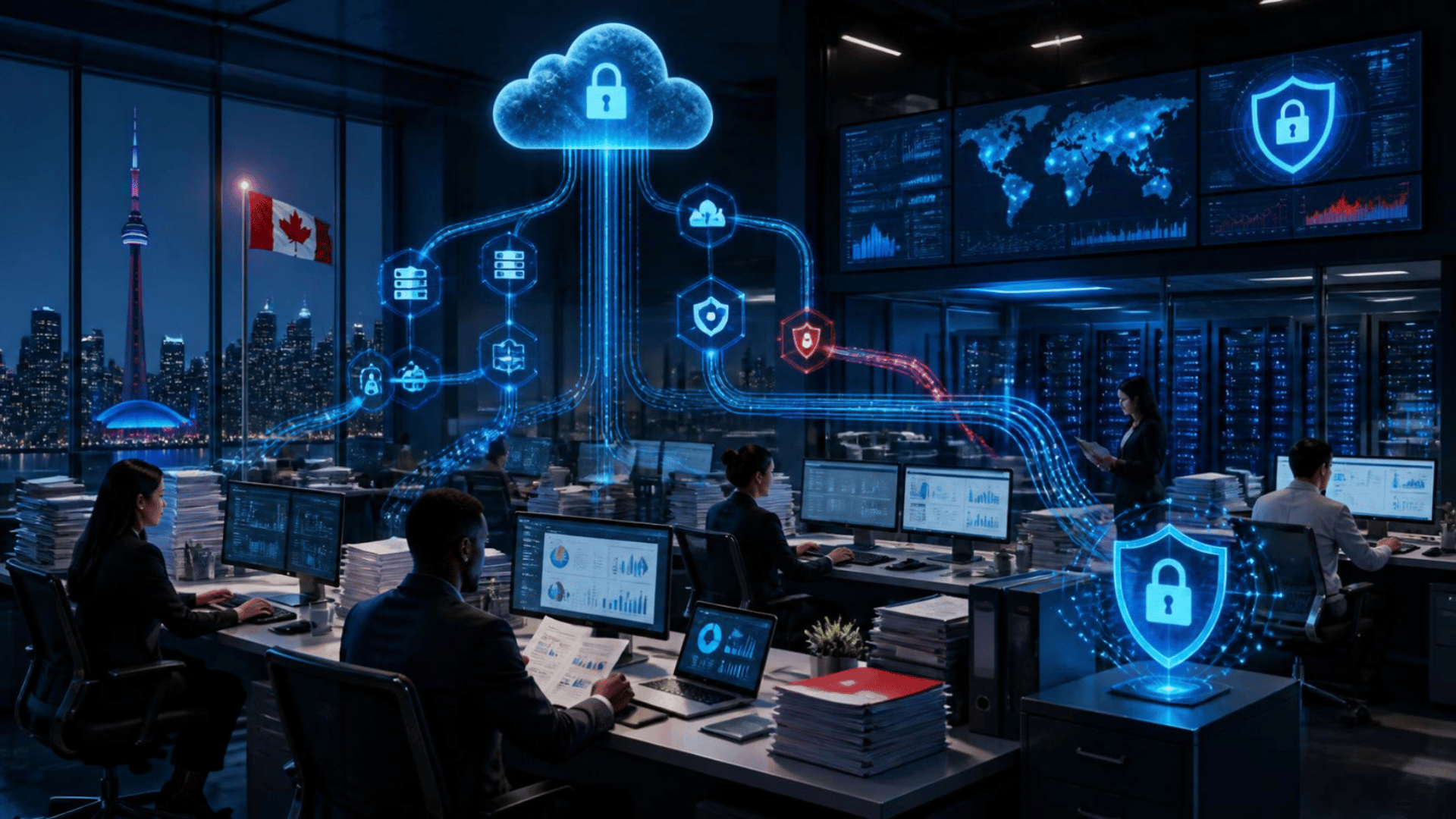 Square enterprise cybersecurity illustration showing a Canadian accounting office during busy season, with accountants at computer workstations, financial documents, secure cloud systems, servers, backup infrastructure, and monitoring screens.