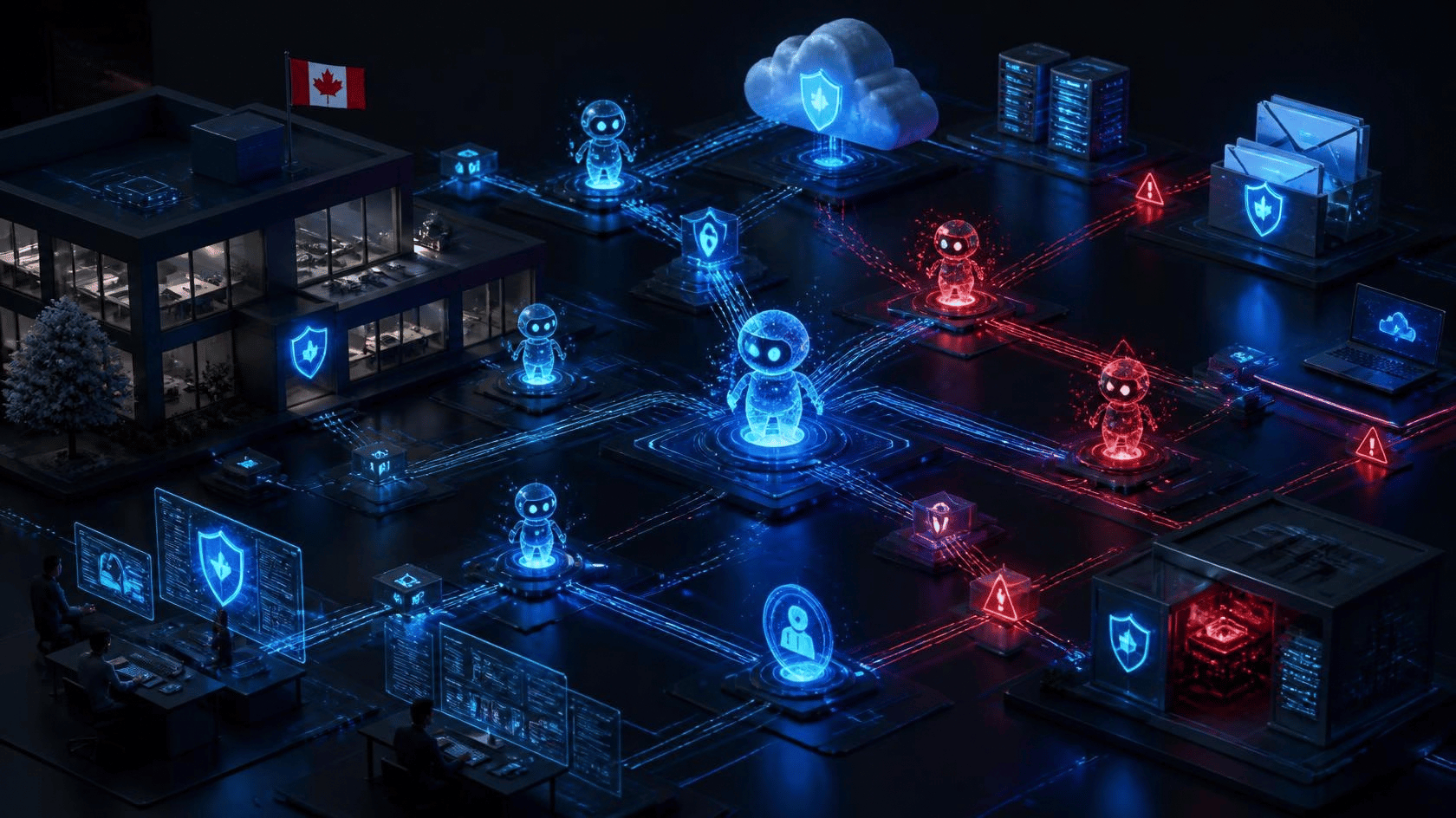 Square enterprise cybersecurity illustration showing autonomous AI agents moving between connected business systems, cloud applications, databases, email, and internal networks.