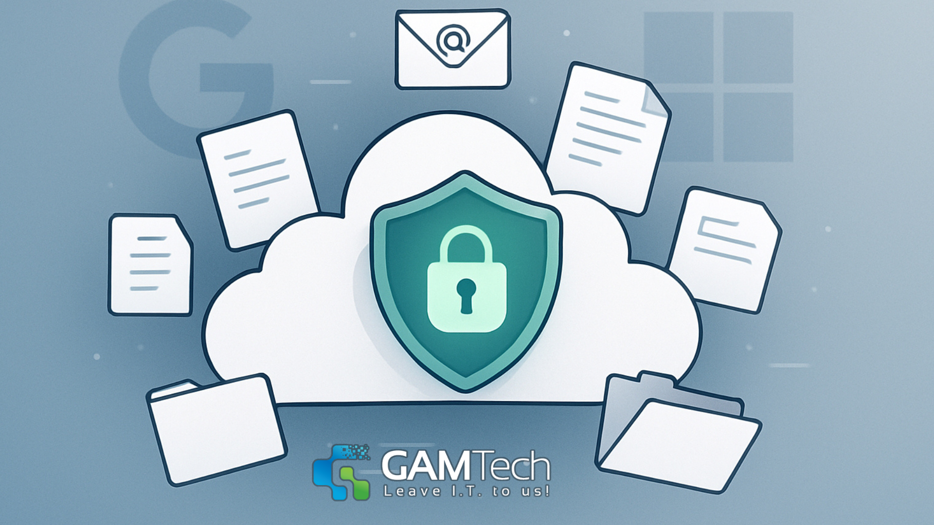 Secure cloud with lock shield protecting business data stored in Google and Microsoft platforms.