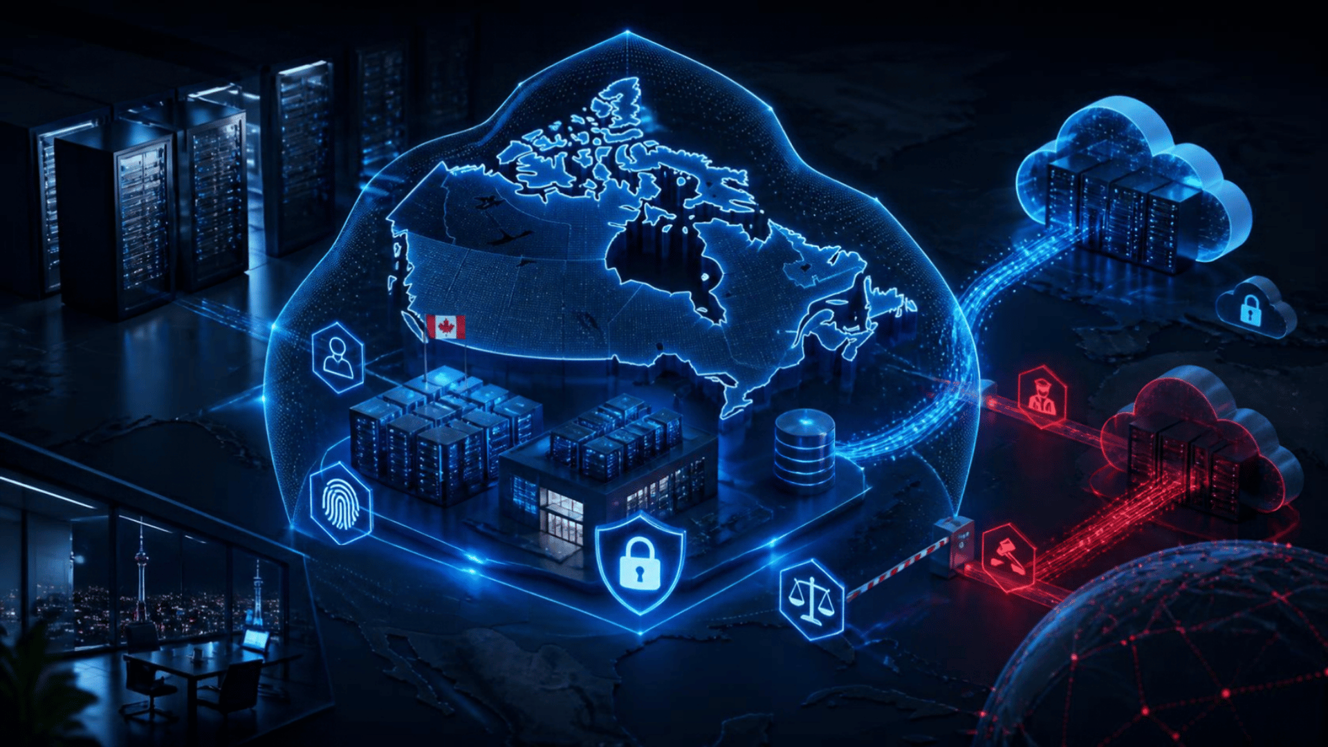 Square enterprise cybersecurity illustration showing Canadian data-centre infrastructure enclosed within a glowing digital sovereignty boundary, with encrypted data streams connecting to international cloud systems.