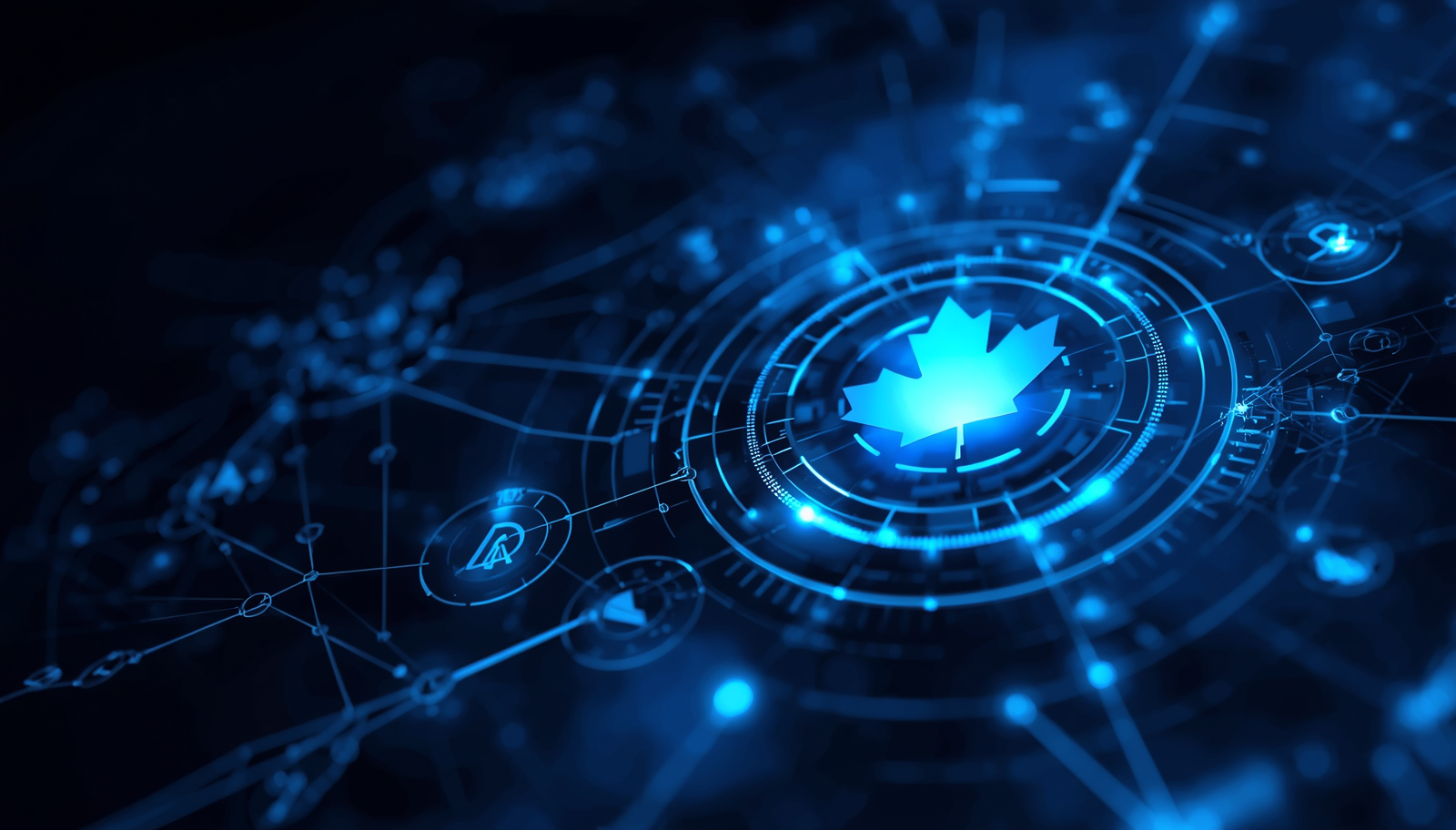 Canadian SMB AI Policy Playbook for 2026, cinematic tech-forward visual for small businesses in Canada, deep blue palette, luminous AI and policy iconography, subtle maple leaf motif, secure cloud and network elem