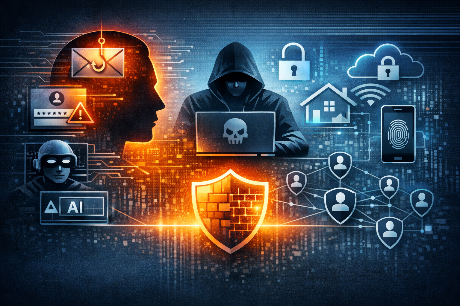 a human silhouette with warning symbols, a hooded hacker at a laptop, and interconnected security icons—email phishing, passwords, cloud, MFA, and a central protective shield—representing human error as a key cyber risk.