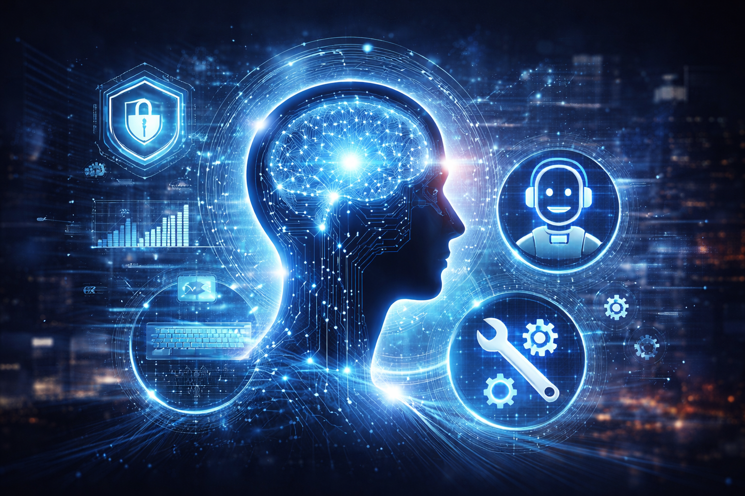 Futuristic illustration of artificial intelligence powering cybersecurity and IT operations, with a glowing human head, neural network, and digital security and automation icons.