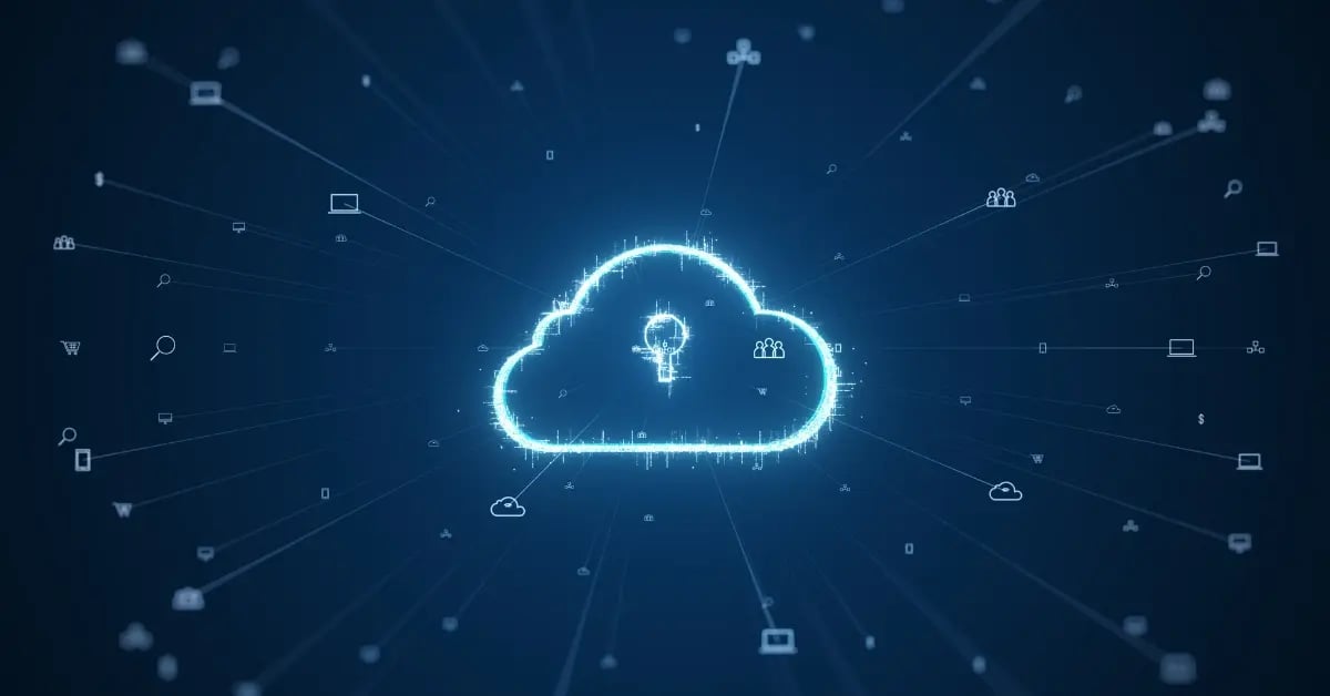 Glowing digital cloud icon with lock and user symbols, representing secure cloud infrastructure and data access across connected devices.