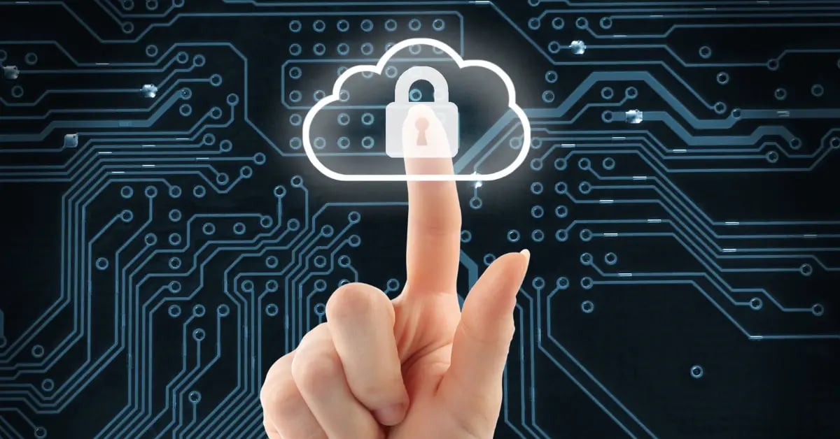 Finger touching digital cloud icon with a lock, symbolizing cloud security and data protection in digital environments.
