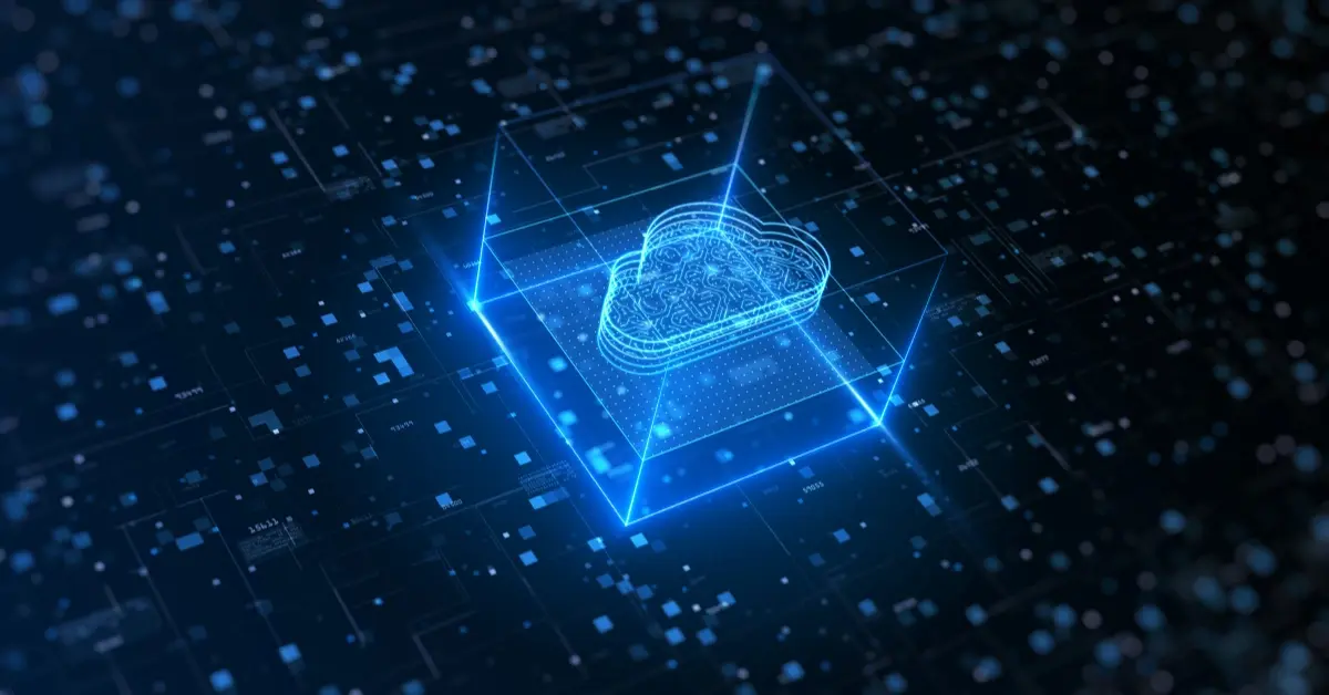 3D holographic cloud icon with neural circuitry inside a digital cube, representing AI-driven cloud computing and secure data storage infrastructure.