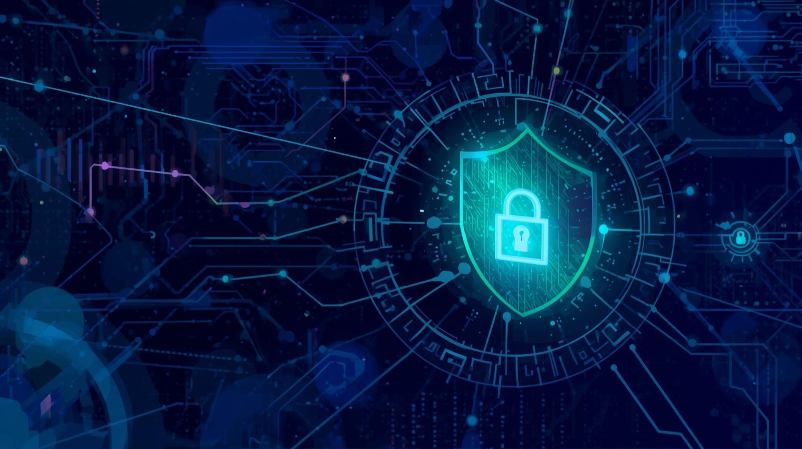 Digital cybersecurity shield icon representing data protection and cyber defense for SMBs.