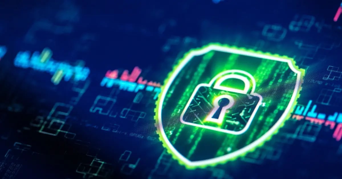 Digital illustration of a glowing green lock inside a shield icon, representing data protection, cybersecurity, and network security protocols.