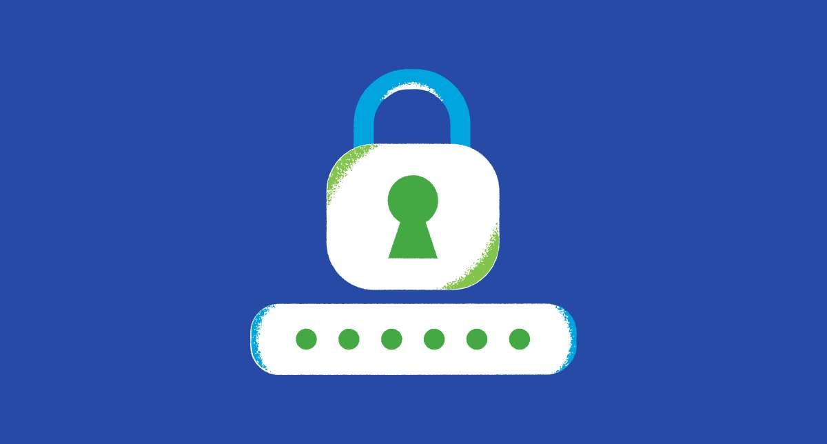 Illustration of a green, blue, and white coloured lock above a hidden password input area, against a dark blue background