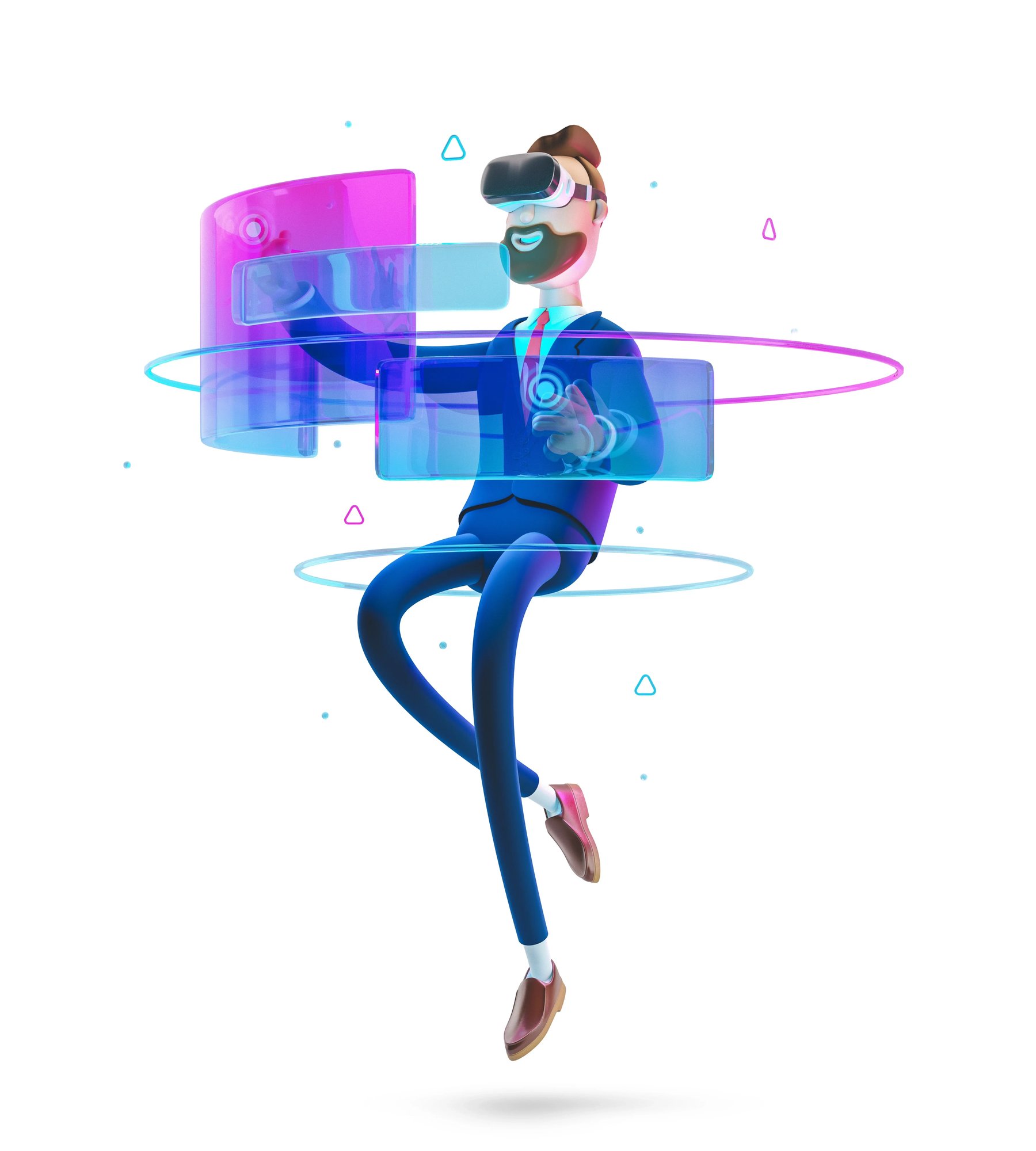 A 3D-rendered character wearing a VR headset, interacting with floating digital screens and holographic interfaces, representing virtual reality and digital transformation.