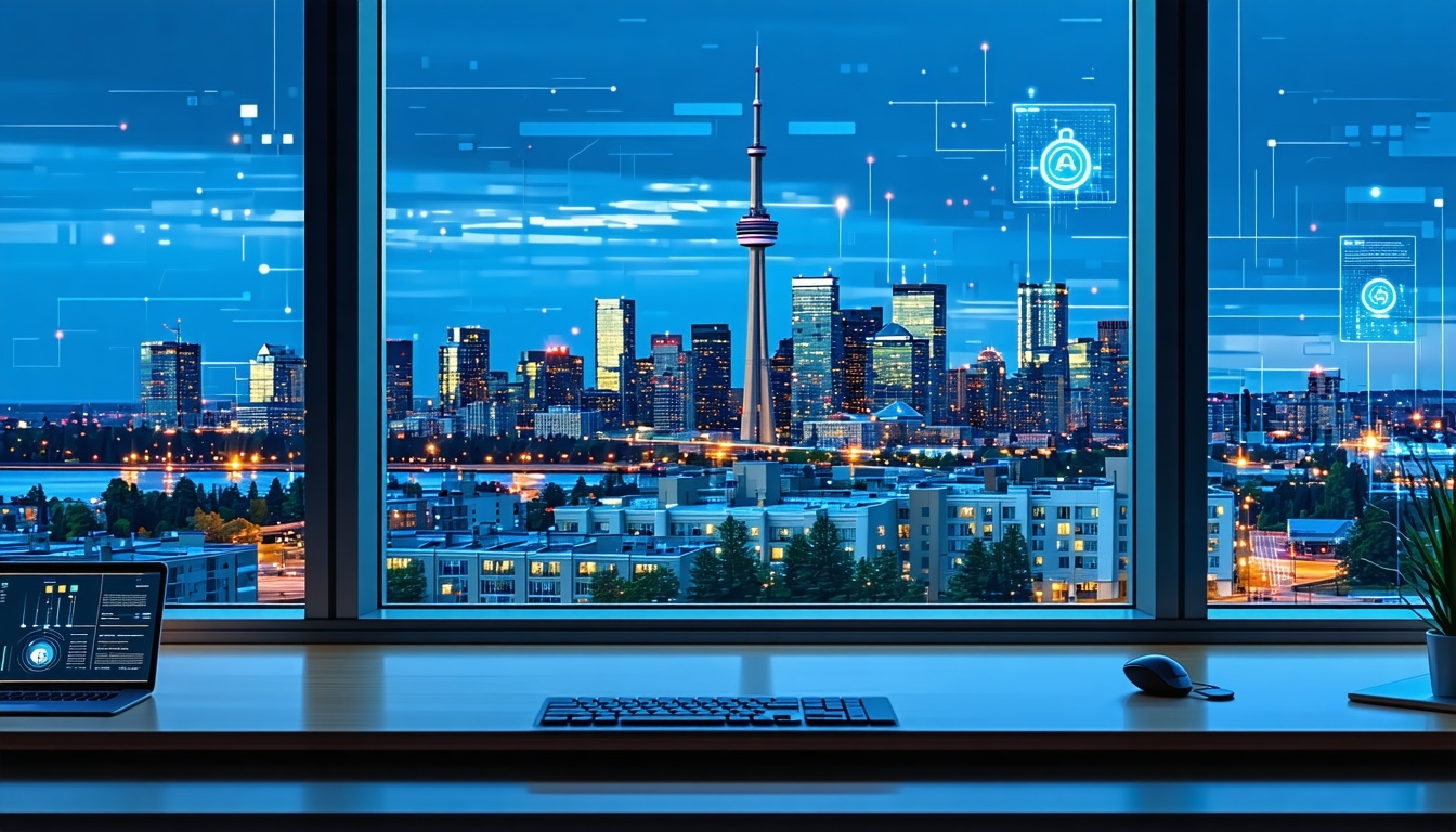 Toronto Ontario skyline with a desk and laptop in the forefront
