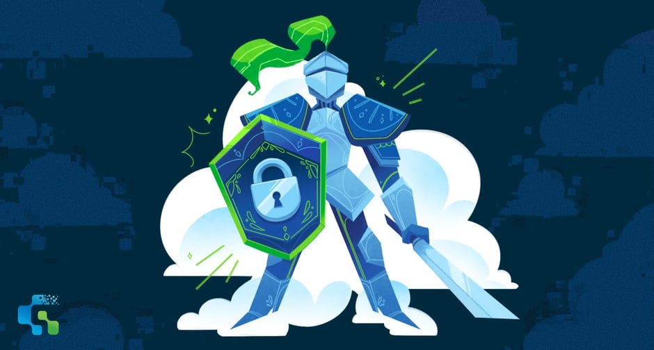 Illustrated armored knight standing in front of clouds, holding a sword and a shield with a padlock symbol, representing the strength and security of hosted private cloud services.