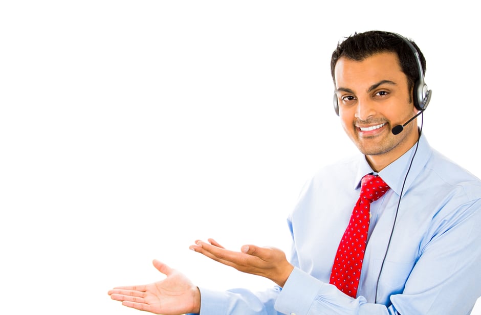 Smiling businessman  customer service representative talking on headset against a white background