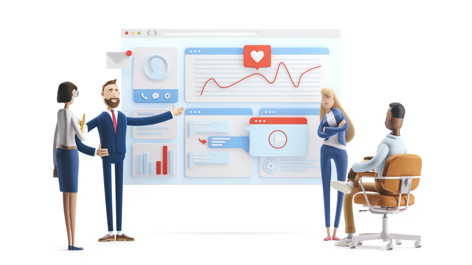 A 3D-rendered business team analyzing website analytics, social media engagement, and video content on a large digital dashboard, representing collaborative digital marketing strategy planning.