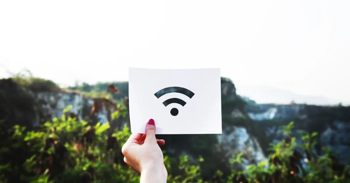 Hand holding a paper with a cut-out Wi-Fi symbol against a background of plants and mountains, symbolizing that Wi-Fi signals are safe for plant health.