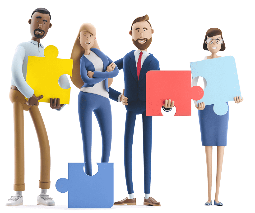Illustration of professionals holding puzzle pieces, representing collaboration in IT solutions.