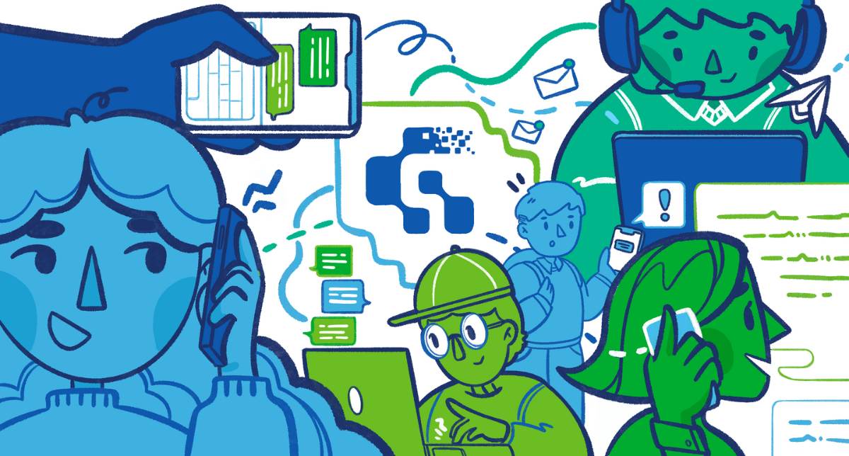 An complex blue and green cartoon illustration of several workers communicating through digital tools such as mobile phone calling, email, and instant messaging.